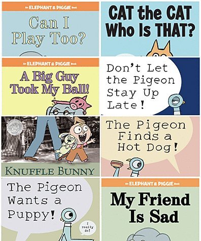 Mo Willems Set of 8 Paperback Books Includes Can I Play Too?, a Big Guy Took My Ball, Cat the Cat Who Is That?, Knuffle Bunny, the Pigeon Finds a Hot Dog!, Don't Let Pigeon the Stay up Late!, the Pigeon Wants a Puppy!, & My Friend Is Sad